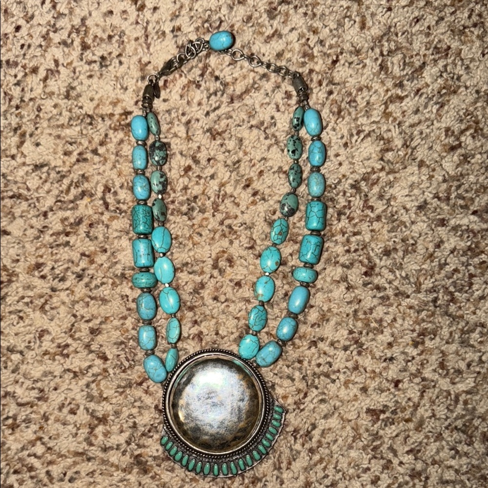 Chicos Turquoise Double-Strand Statement Necklace with Silver Pendant